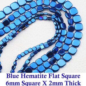 Gold Hematite Flat Square Stone Beads 6x6 Blue 15" Strand